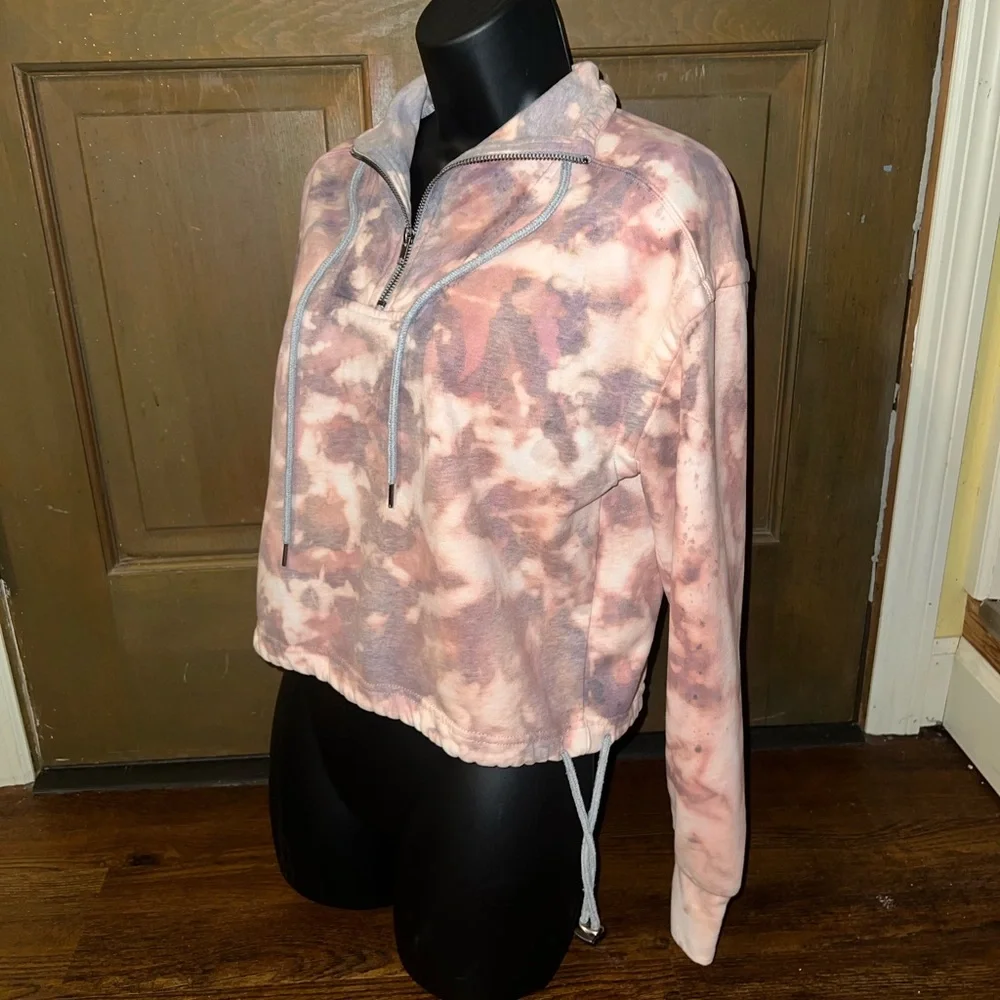 Gray Pink Colorful Acid Wash Quarter Zip Crop Long Sleeve Boho Pullover Size M - Picture 7 of 13